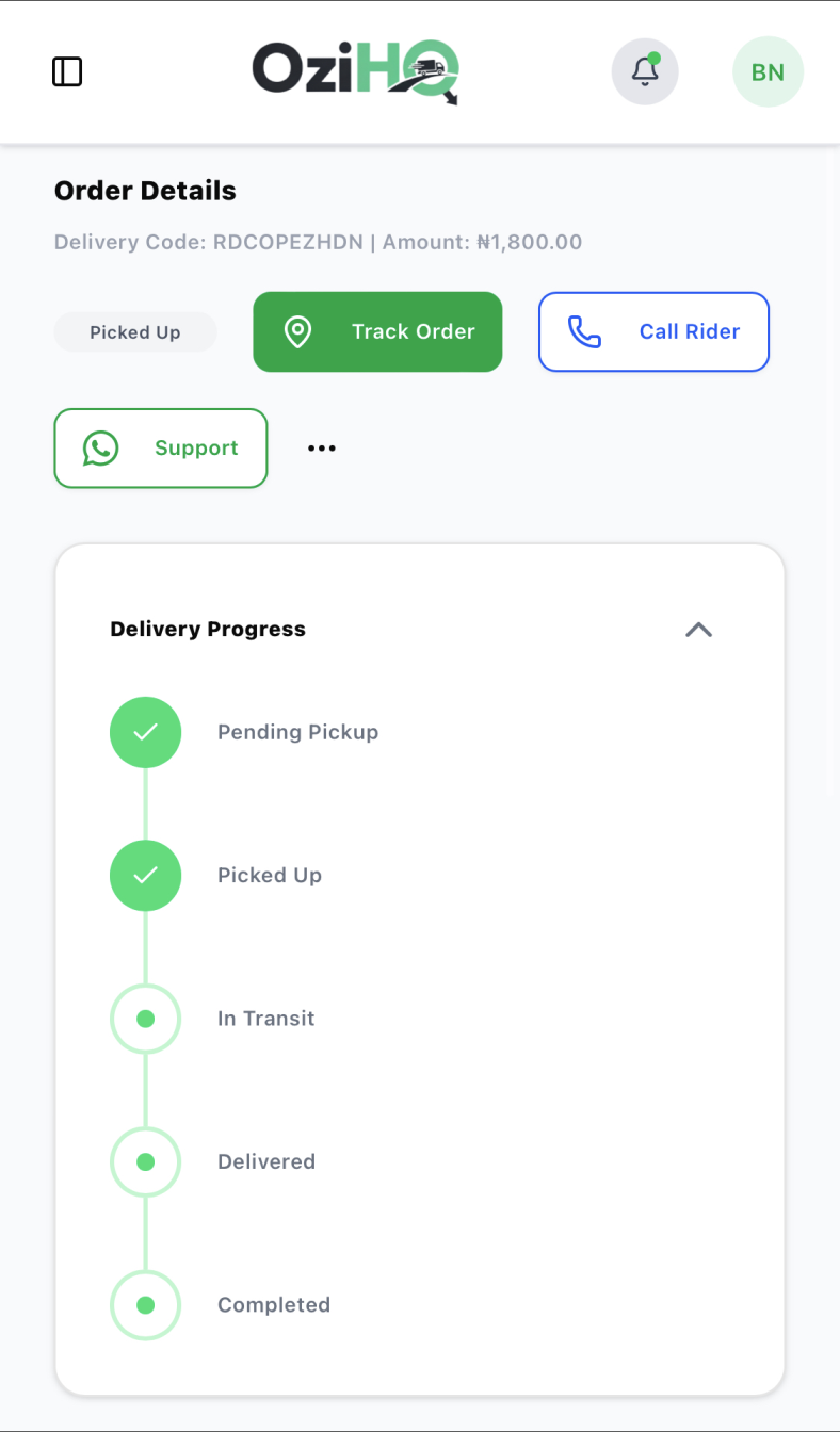 OziHQ mobile order details screen